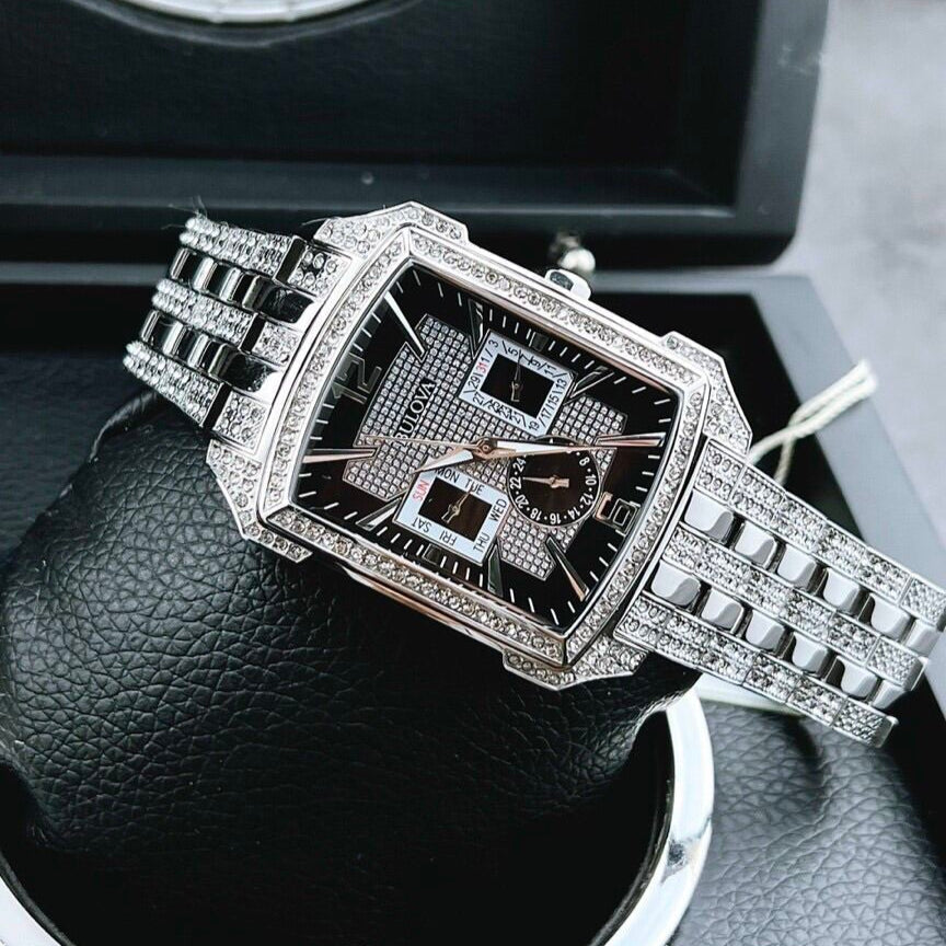  Shop Authentic Bulova Crystal Collection Black Dial Silver Steel Strap Watch for Men - 98C108 - Luxxuri