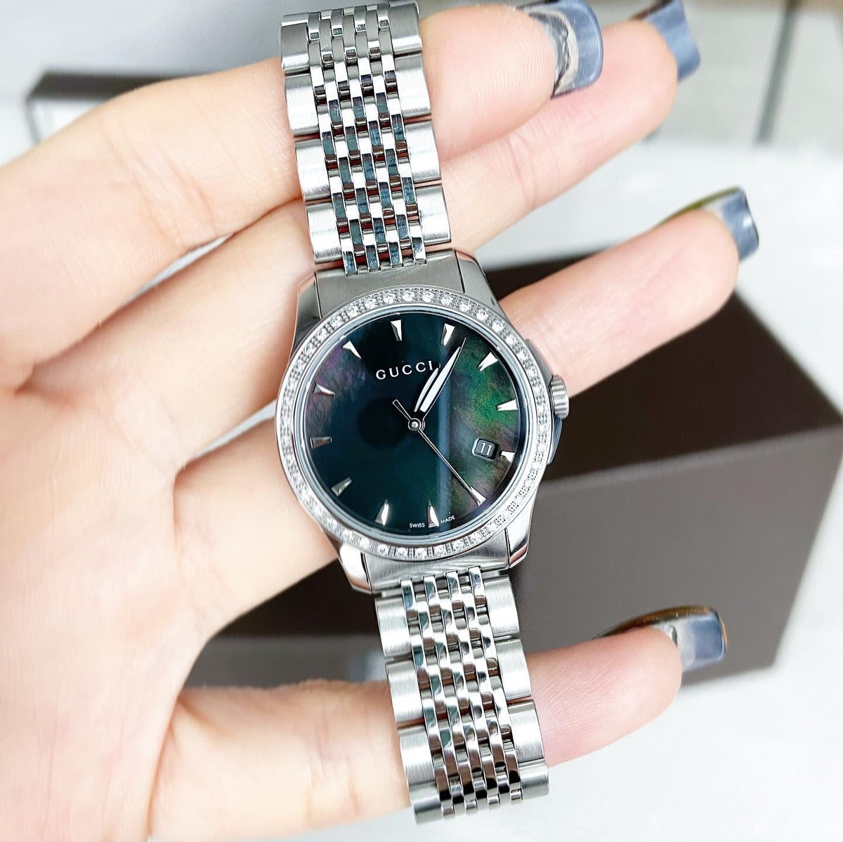  Shop Authentic Gucci G Timeless Black Mother of Pearl Diamonds 38mm Watch For Women - YA126509 - Luxxuri