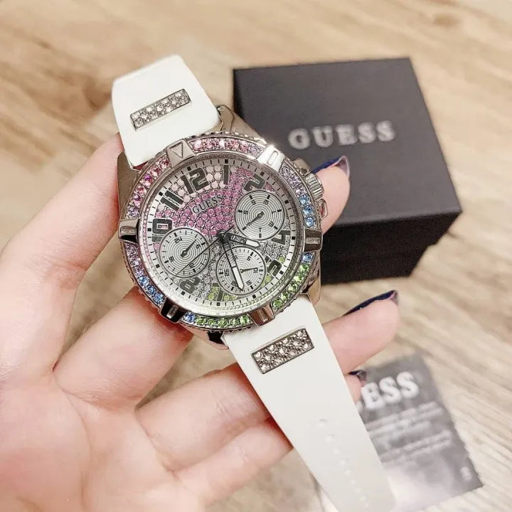  Shop Authentic Guess Frontier Diamonds Silver Dial White Rubber Strap Watch for Women - GW0045L1 - Luxxuri