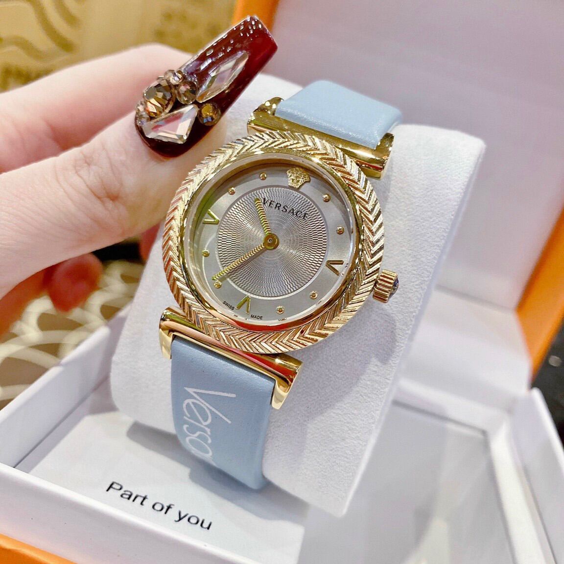  Shop Authentic Versace V-Motif Grey Dial Blue Leather Strap Watch for Women - VERE00318 - Luxxuri