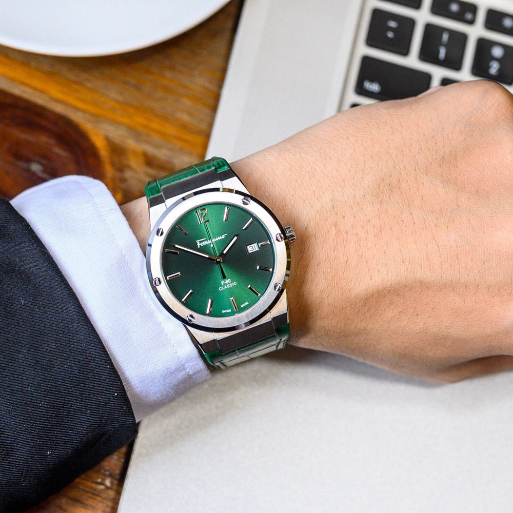  Shop Authentic Salvatore Ferragamo F-80 Classic Green Dial Green Leather Strap Watch for Men - SFDT00119 - Luxxuri