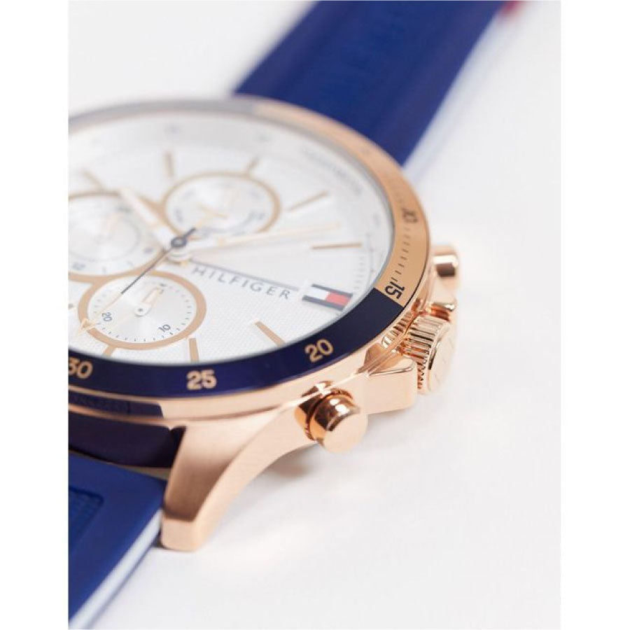  Shop Authentic Tommy Hilfiger Bank Multifunction Quartz White Dial Blue Rubber Strap Watch for Men - 1791778 - Luxxuri