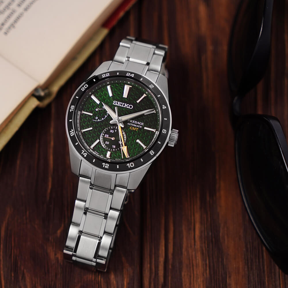  Shop Authentic Seiko Presage Sharp Edged Series GMT Green Dial Silver Steel Strap Watch For Men - SPB219J1 - Luxxuri