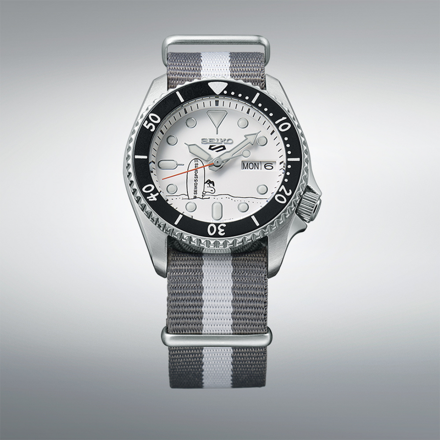  Shop Authentic Seiko 5 Sports x Peanuts Surfboard Snoopy Limited Edition White Dial Two Tone NATO Strap Watch For Men - SRPK25K1 - Luxxuri