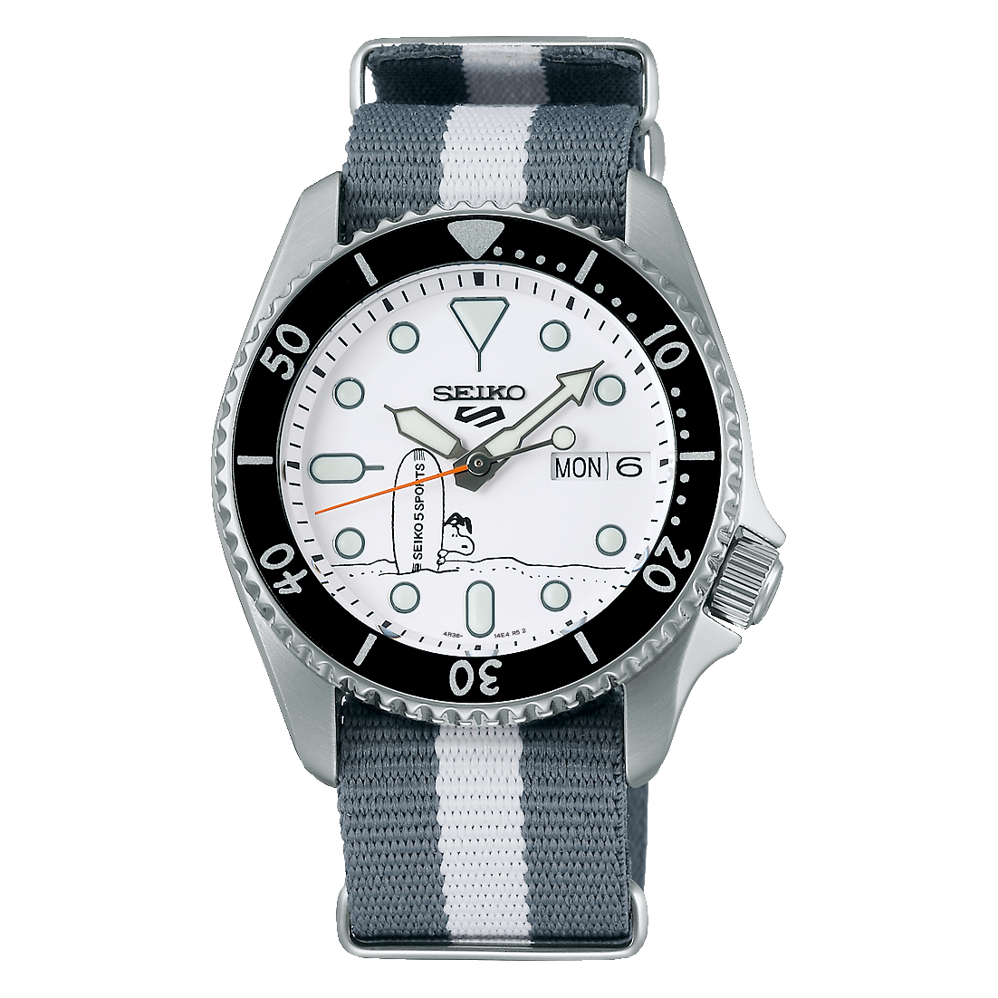  Shop Authentic Seiko 5 Sports x Peanuts Surfboard Snoopy Limited Edition White Dial Two Tone NATO Strap Watch For Men - SRPK25K1 - Luxxuri