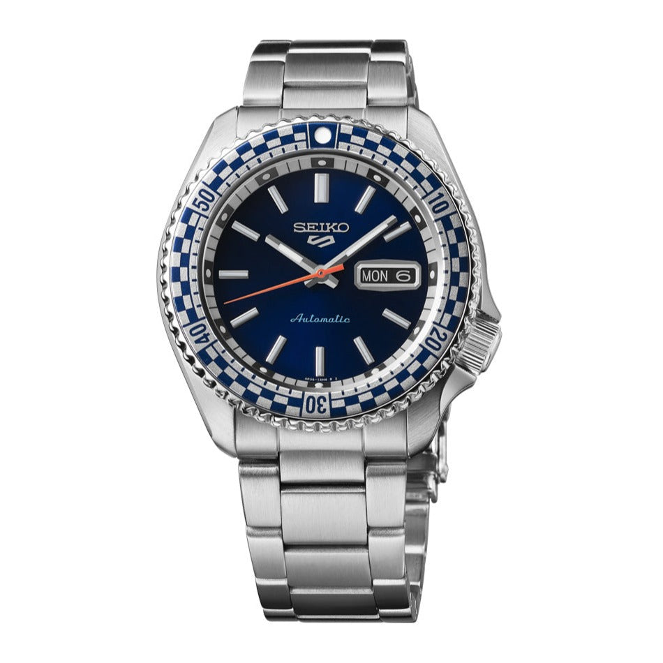  Shop Authentic Seiko 5 Sports Petrol Blue Checker Flag Special Edition Blue Dial Silver Steel Strap Watch For Men - SRPK65K1 - Luxxuri