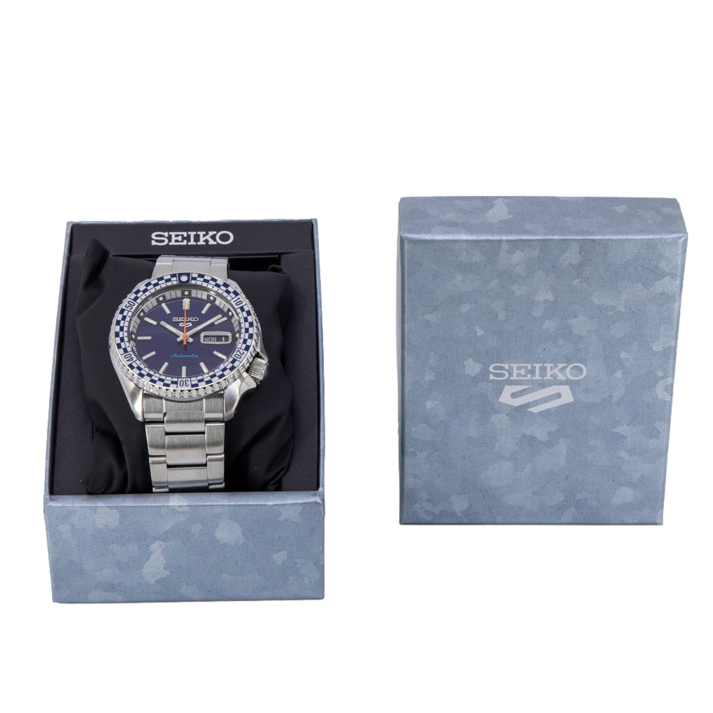  Shop Authentic Seiko 5 Sports Petrol Blue Checker Flag Special Edition Blue Dial Silver Steel Strap Watch For Men - SRPK65K1 - Luxxuri