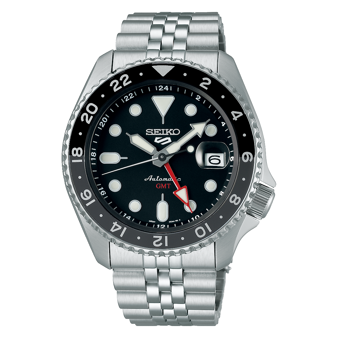 Seiko 5 Sports Automatic GMT Black Dial Silver Steel Strap Watch For Men - SSK001K1