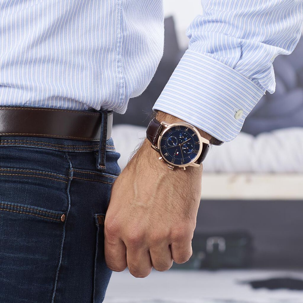  Shop Authentic Tommy Hilfiger Kane Chronograph Blue Dial Brown Leather Strap Watch for Men - 1791399 - Luxxuri