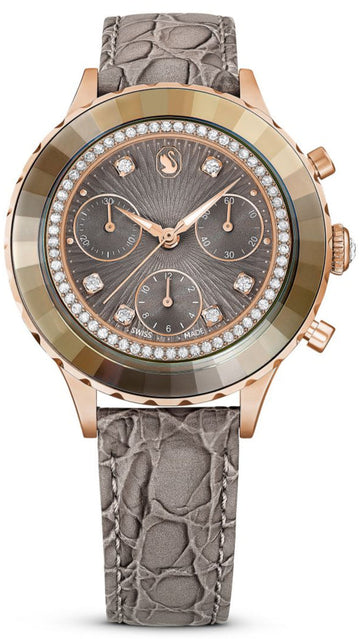  Shop Authentic Swarovski Octea Chrono Grey Dial Grey Leather Strap Watch for Women - 5671153 - Luxxuri