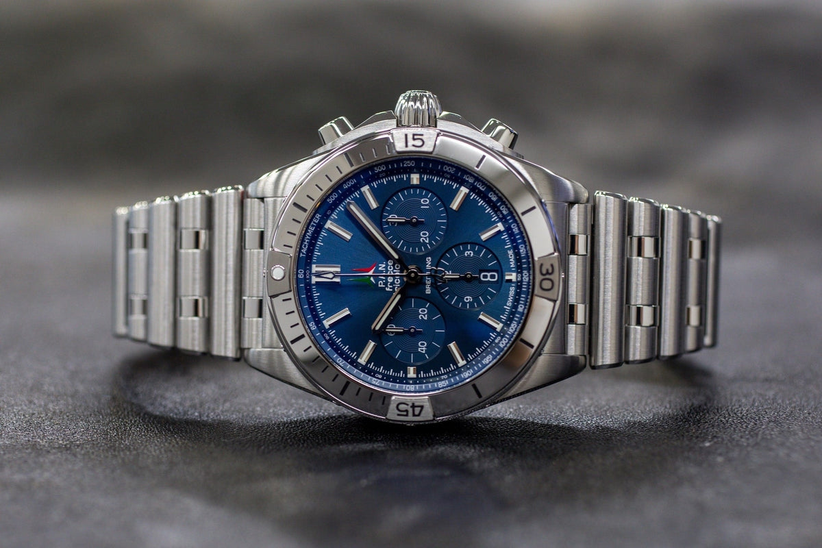  Shop Authentic Breitling Chronomat B01 42 Frecce Tricolori Blue Dial Silver Steel Strap Watch for Men - AB01344A1C1A1 - Luxxuri