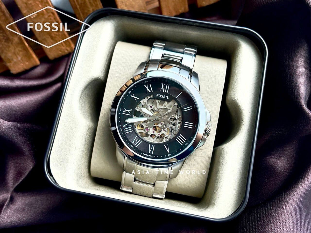  Shop Authentic Fossil Grant Automatic Skeleton Black Dial Silver Steel Strap Watch for Men - ME3103 - Luxxuri