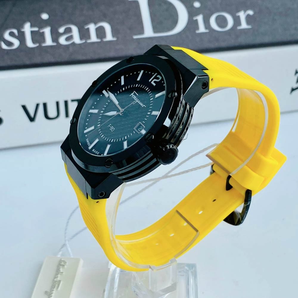  Shop Authentic Salvatore Ferragamo F-80 Classic Black Dial Yellow Rubber Strap Watch for Men - SFHY01522 - Luxxuri
