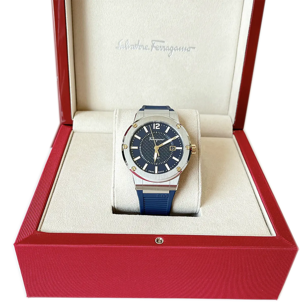  Shop Authentic Salvatore Ferragamo F-80 Blue Dial Blue Rubber Strap Watch For Men - SFHY01122 - Luxxuri