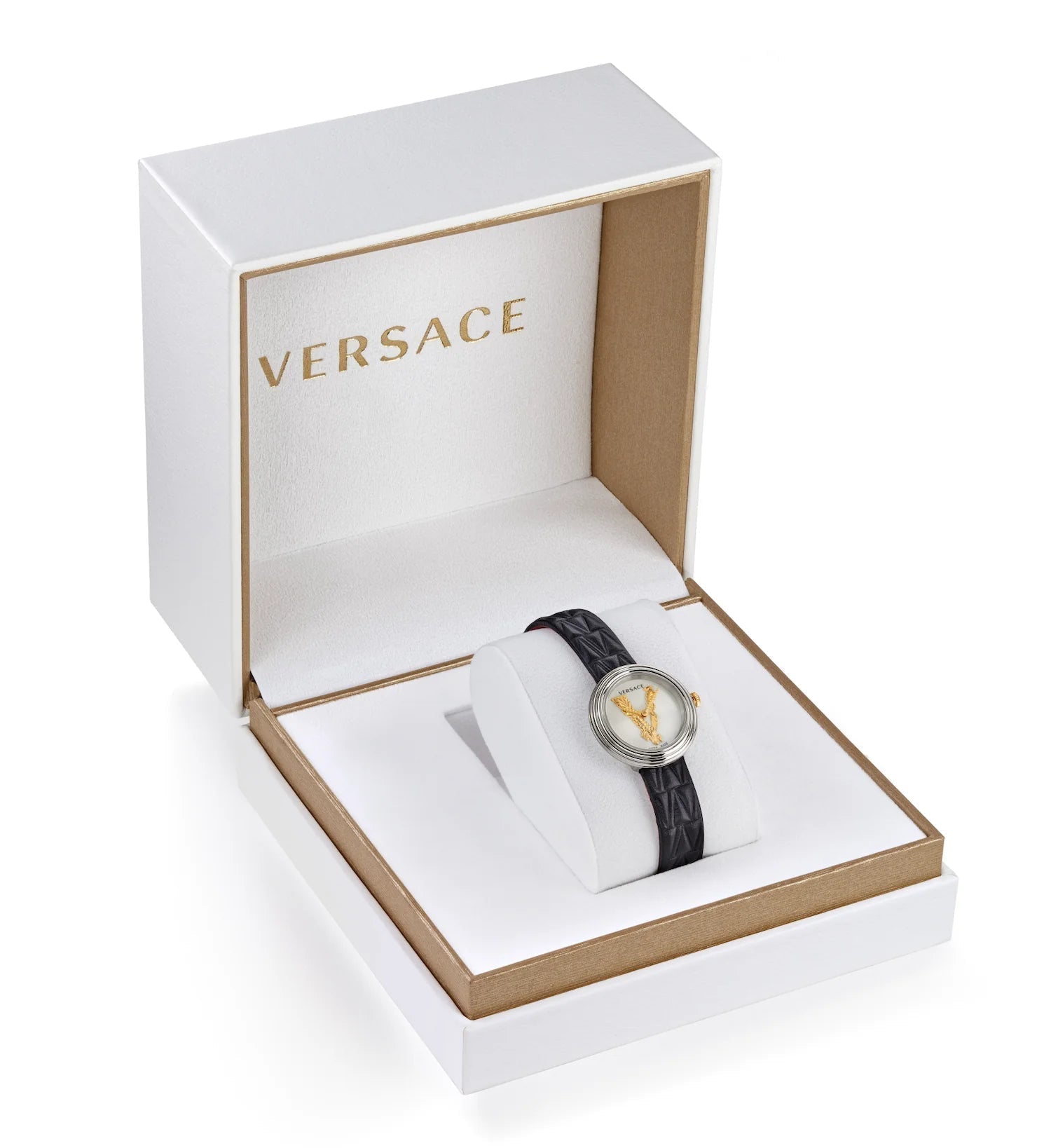  Shop Authentic Versace Virtus Quartz White Dial Black Leather Strap Watch For Women - VET300421 - Luxxuri