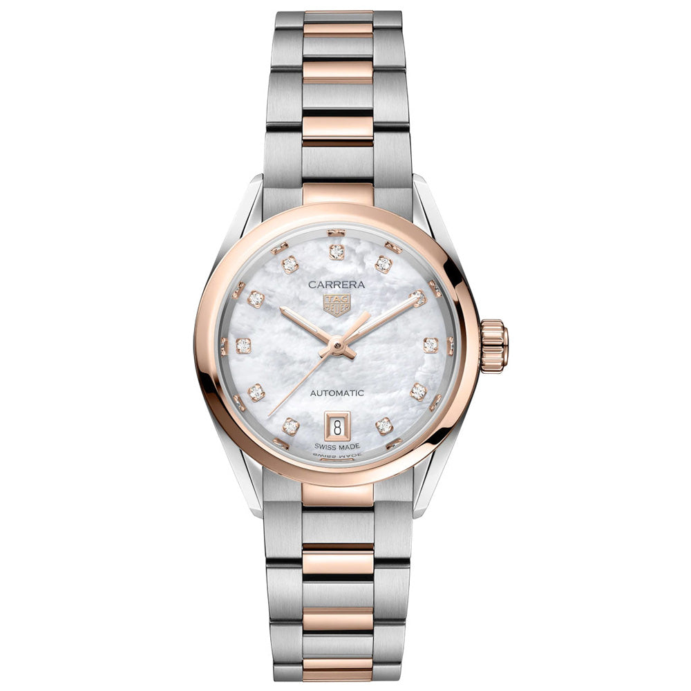  Shop Authentic Tag Heuer Carrera Date Automatic Mother of Pearl Dial Two Tone Steel Strap Watch for Women - WBN2450.BD0569 - Luxxuri
