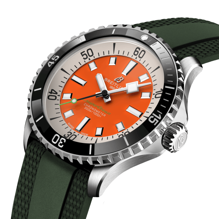  Shop Authentic Breitling Superocean Automatic 42mm Kelly Slater Limited Edition Orange Dial Green Rubber Strap Watch for Men - A173751A101S1 - Luxxuri