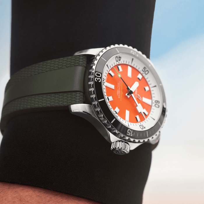  Shop Authentic Breitling Superocean Automatic 42mm Kelly Slater Limited Edition Orange Dial Green Rubber Strap Watch for Men - A173751A101S1 - Luxxuri