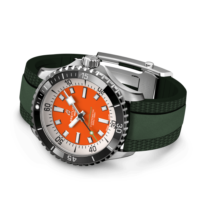  Shop Authentic Breitling Superocean Automatic 42mm Kelly Slater Limited Edition Orange Dial Green Rubber Strap Watch for Men - A173751A101S1 - Luxxuri
