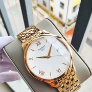 Tissot T Classic Tradition White Dial Rose Gold Steel Strap Watch For Women - T063.610.33.038.00