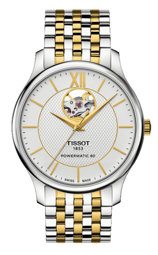  Shop Authentic Tissot Tradition Powermatic 80 Open Heart Silver Dial Two Tone Steel Strap Watch For Men - T063.907.22.038.00 - Luxxuri