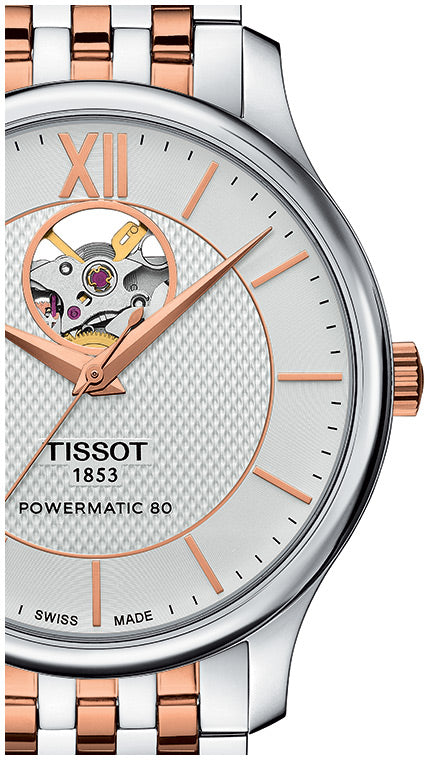  Shop Authentic Tissot Tradition Powermatic 80 Open Heart Silver Dial Two Tone Steel Strap Watch For Men - T063.907.22.038.01 - Luxxuri