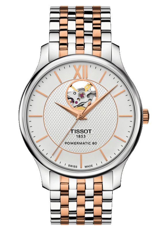  Shop Authentic Tissot Tradition Powermatic 80 Open Heart Silver Dial Two Tone Steel Strap Watch For Men - T063.907.22.038.01 - Luxxuri