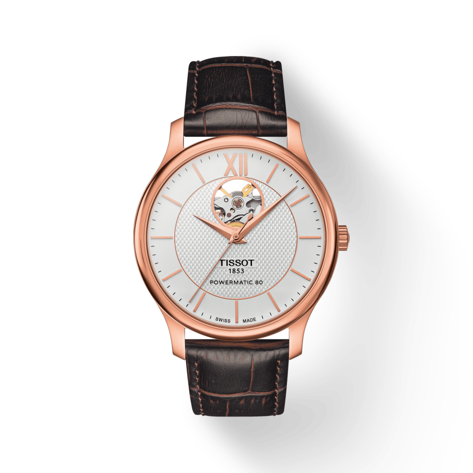  Shop Authentic Tissot Tradition Powermatic 80 Open Heart Silver Dial Brown Leather Strap Watch For Men - T063.907.36.038.00 - Luxxuri