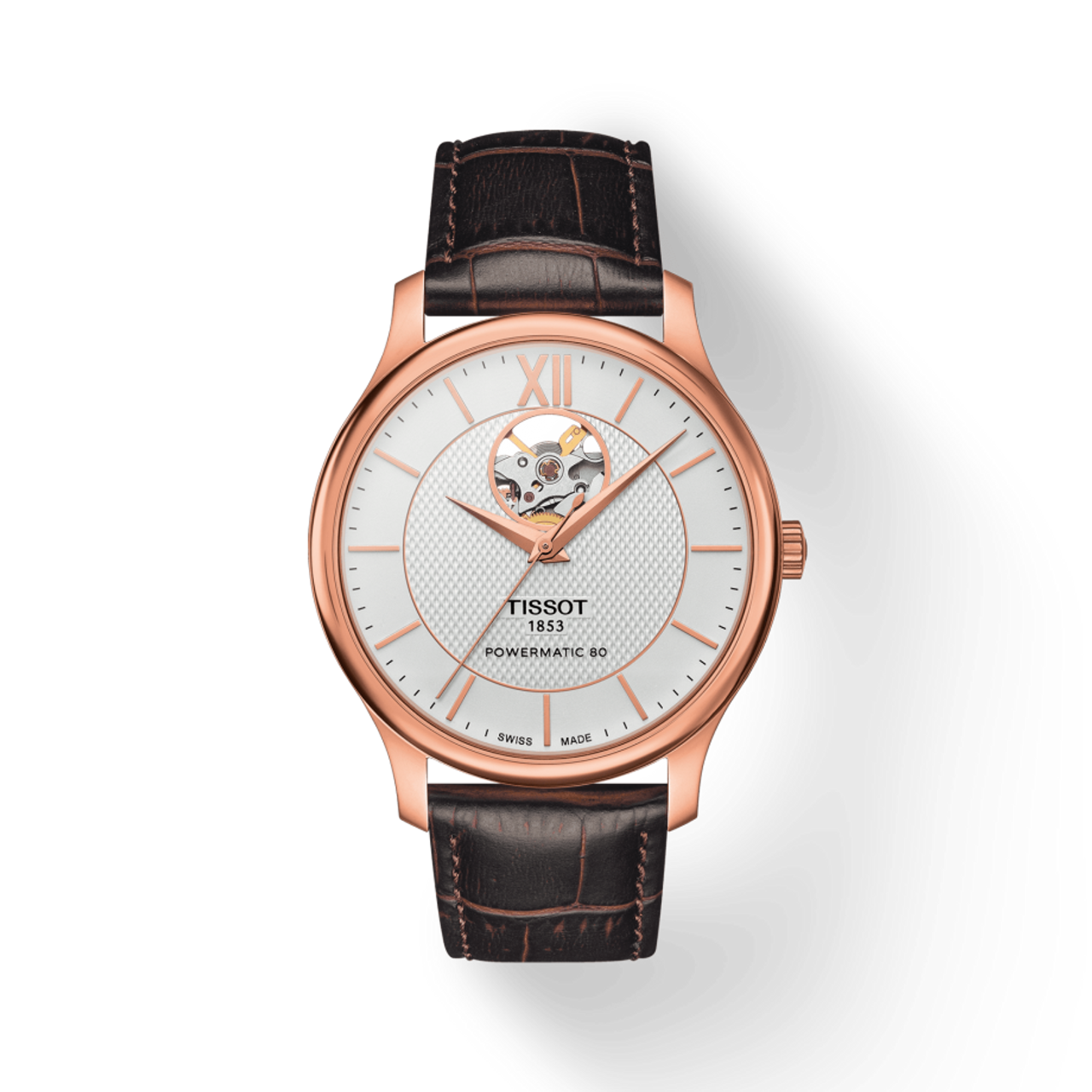  Shop Authentic Tissot Tradition Powermatic 80 Open Heart Silver Dial Brown Leather Strap Watch For Men - T063.907.36.038.00 - Luxxuri