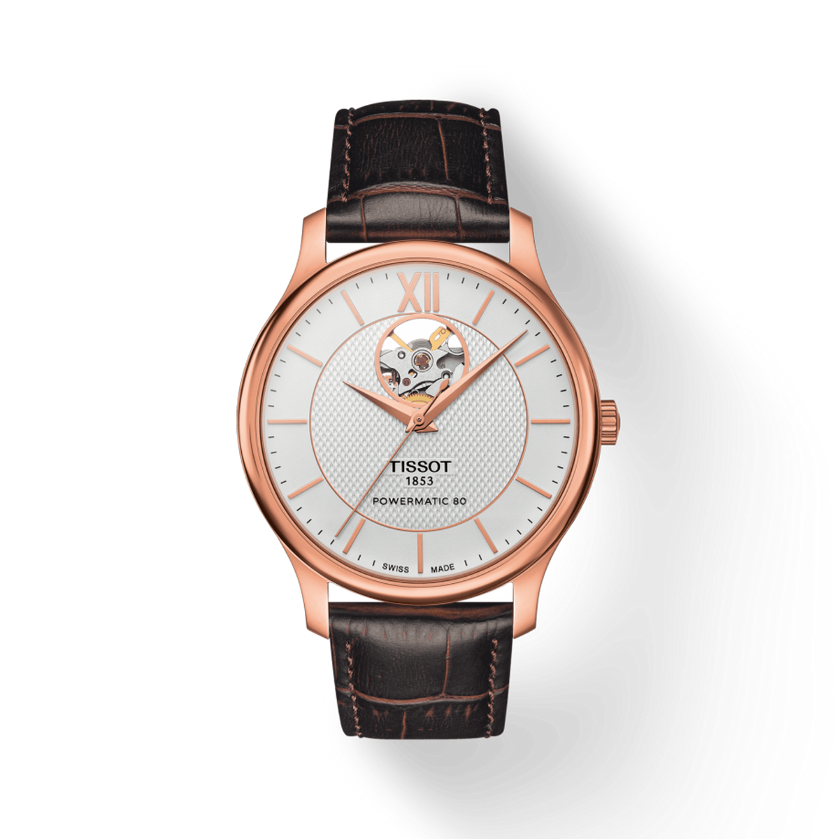  Shop Authentic Tissot Tradition Powermatic 80 Open Heart Silver Dial Brown Leather Strap Watch For Men - T063.907.36.038.00 - Luxxuri