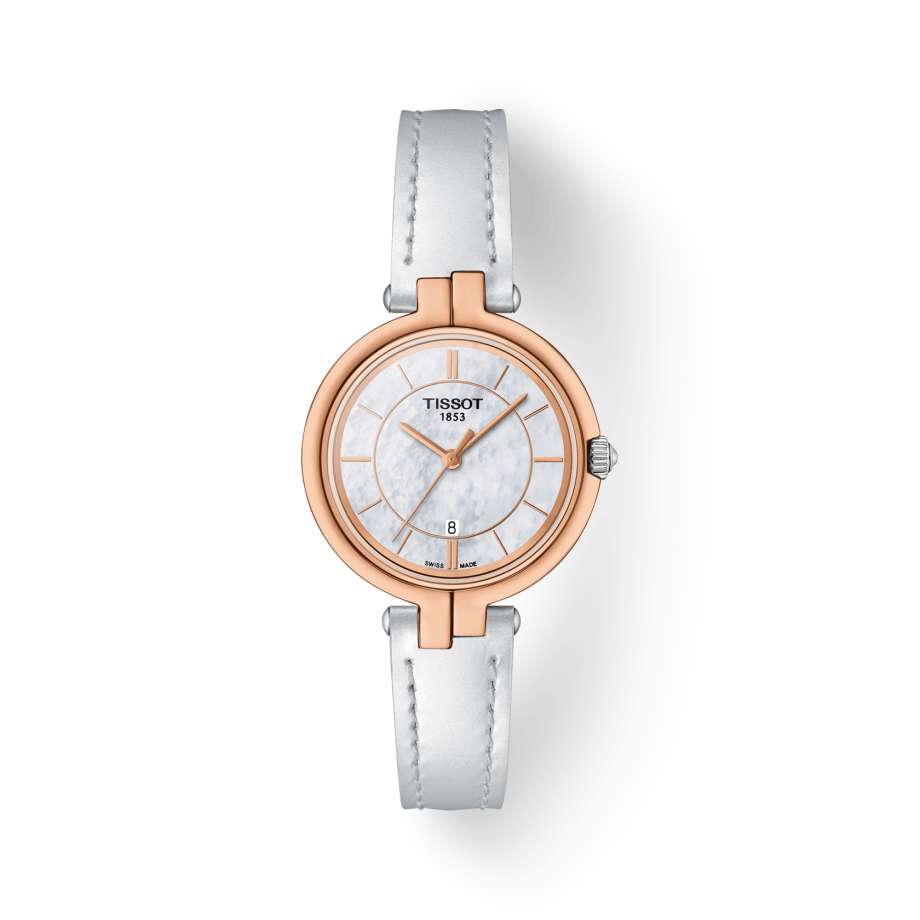  Shop Authentic Tissot T Lady Flamingo Mother of Pearl White Dial White Leather Strap Watch For Women - T094.210.26.111.01 - Luxxuri