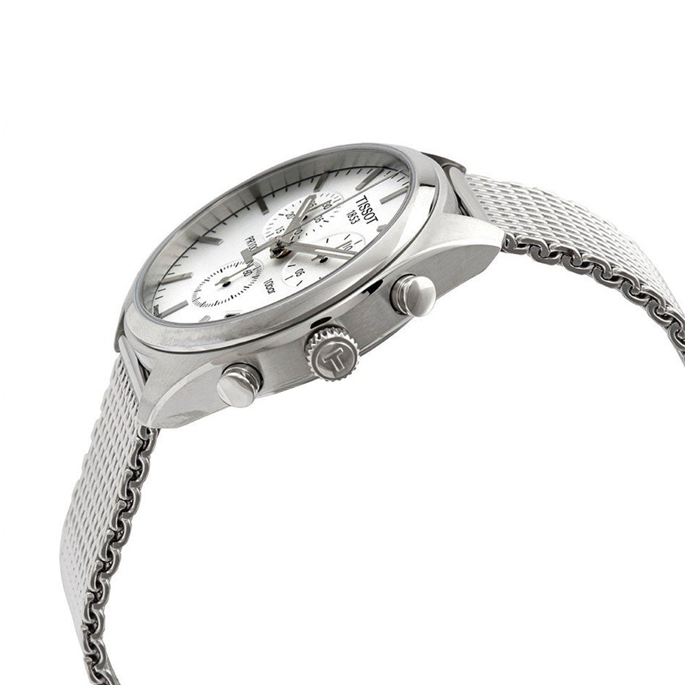  Shop Authentic Tissot PR 100 Chronograph White Dial Silver Mesh Bracelet Watch For Men - T101.417.11.031.02 - Luxxuri