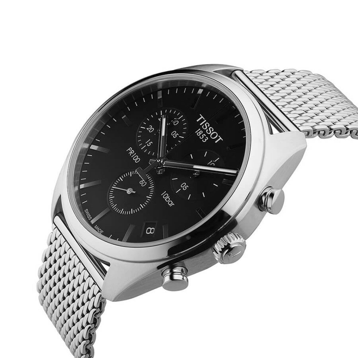  Shop Authentic Tissot PR 100 Chronograph Black Dial Silver Mesh Bracelet Watch For Men - T101.417.11.051.01 - Luxxuri