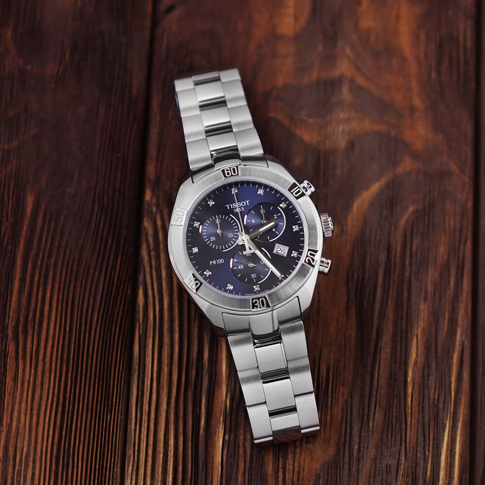  Shop Authentic Tissot PR 100 Sport Chic Chronograph Diamonds Blue Dial Silver Steel Strap Watch for Women - T101.917.11.046.00 - Luxxuri