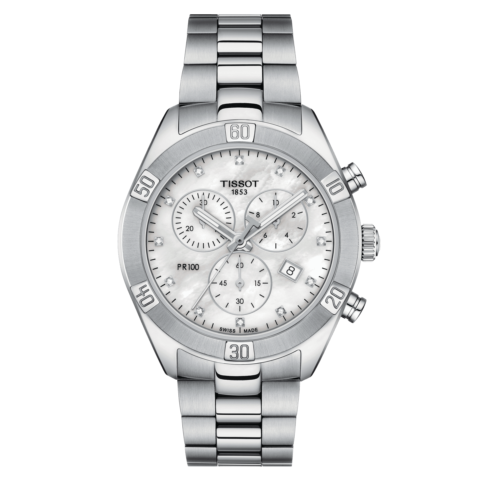 Shop Authentic Tissot PR 100 Sport Chic Chronograph Diamonds Mother of Pearl Dial Silver Steel Strap Watch for Women - T101.917.11.116.00 - Luxxuri