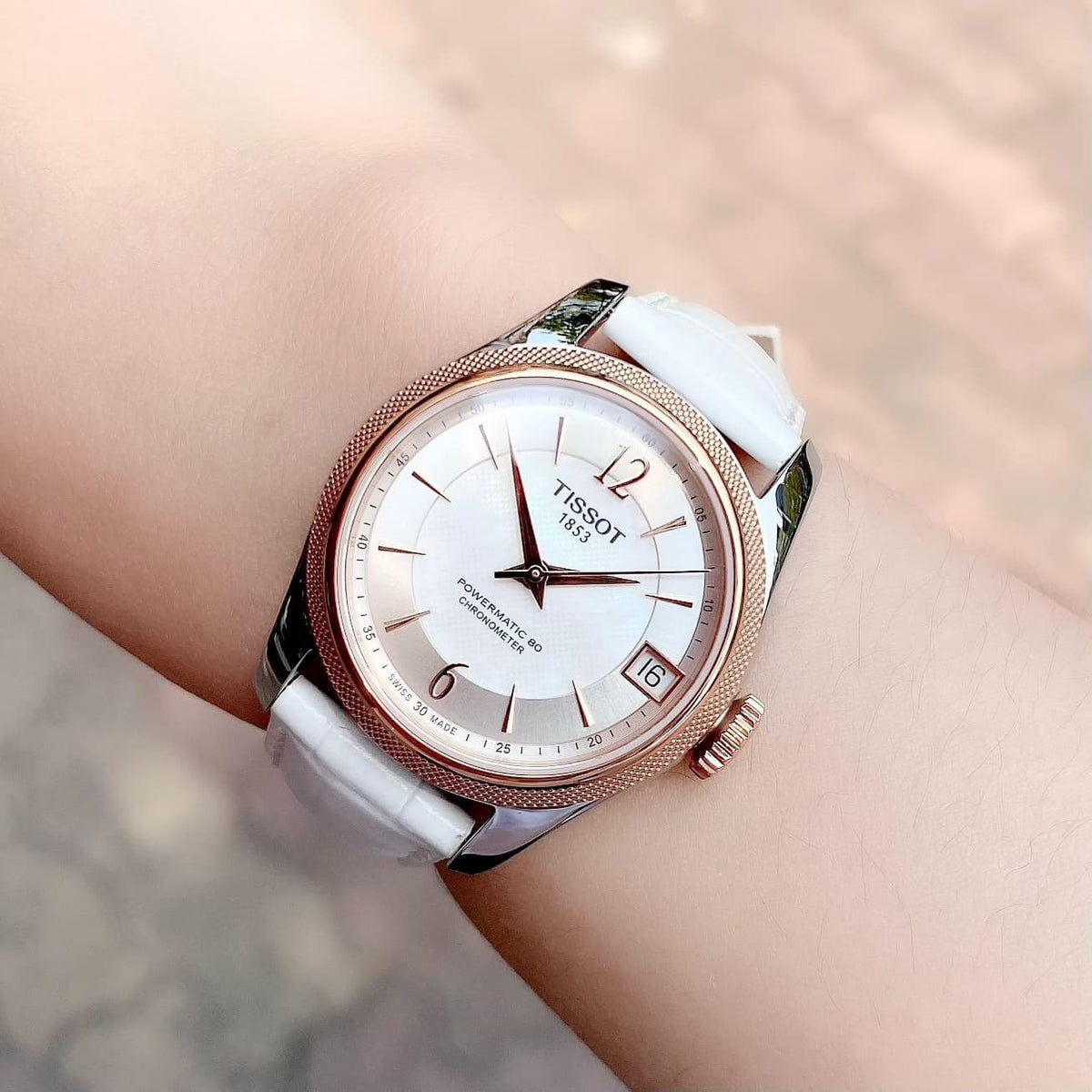  Shop Authentic Tissot T-Classic Powermatic 80 Mother of Pearl Silver Dial White Leather Strap Watch For Women - T108.208.26.117.00 - Luxxuri