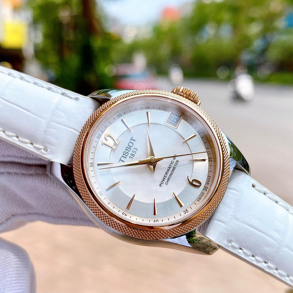 Shop Authentic Tissot T-Classic Powermatic 80 Mother of Pearl Silver Dial White Leather Strap Watch For Women - T108.208.26.117.00 - Luxxuri