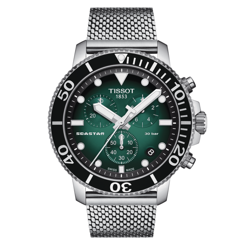  Shop Authentic Tissot Seastar 1000 Chronograph Green Dial Silver Mesh Bracelet Watch For Men - T120.417.11.091.00 - Luxxuri