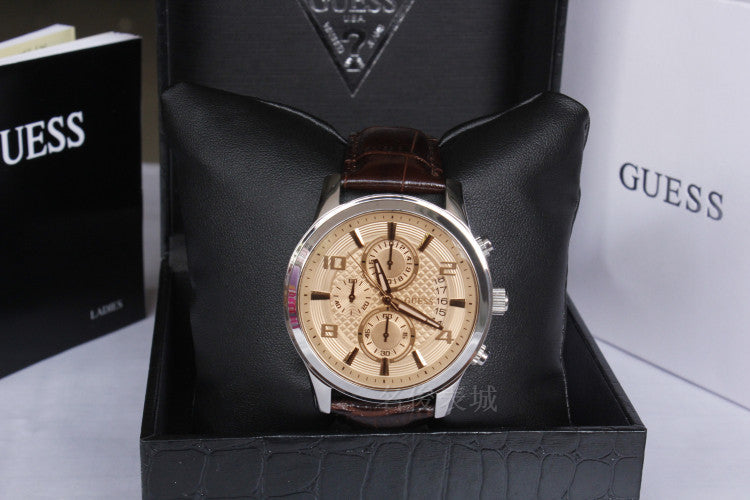  Shop Authentic Guess Exec Chronograph Quartz Gold Dial Brown Leather Strap Watch for Men - W0076G3 - Luxxuri