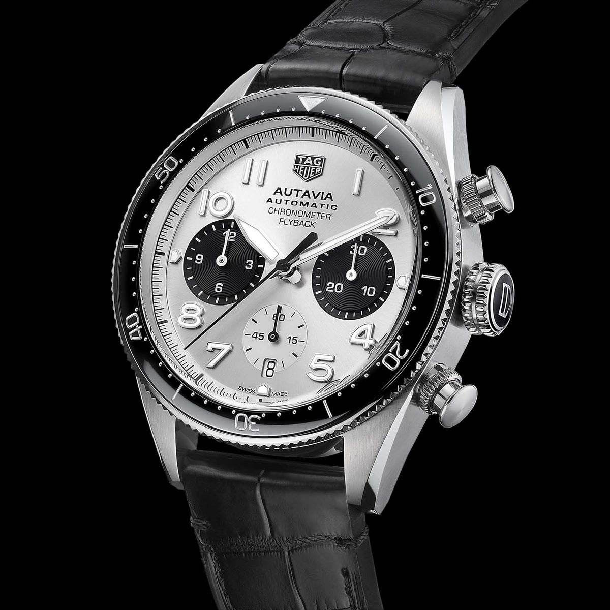  Shop Authentic Tag Heuer Autavia Chronometer Flyback Chronograph Silver Dial Black Leather Strap Watch for Men - CBE511B.FC8279 - Luxxuri