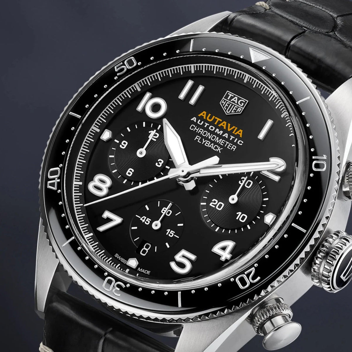  Shop Authentic Tag Heuer Autavia Chronometer Flyback Automatic Chronograph Black Dial Black Leather Strap Watch for Men - CBE511A.FC8279 - Luxxuri