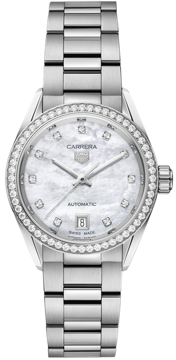  Shop Authentic Tag Heuer Carrera Date Diamonds Mother of Pearl Dial Silver Steel Strap Watch for Women - WBN2414.BA0621 - Luxxuri