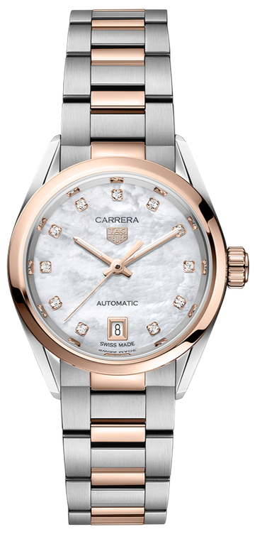  Shop Authentic Tag Heuer Carrera Date Automatic Mother of Pearl Dial Two Tone Steel Strap Watch for Women - WBN2450.BD0569 - Luxxuri
