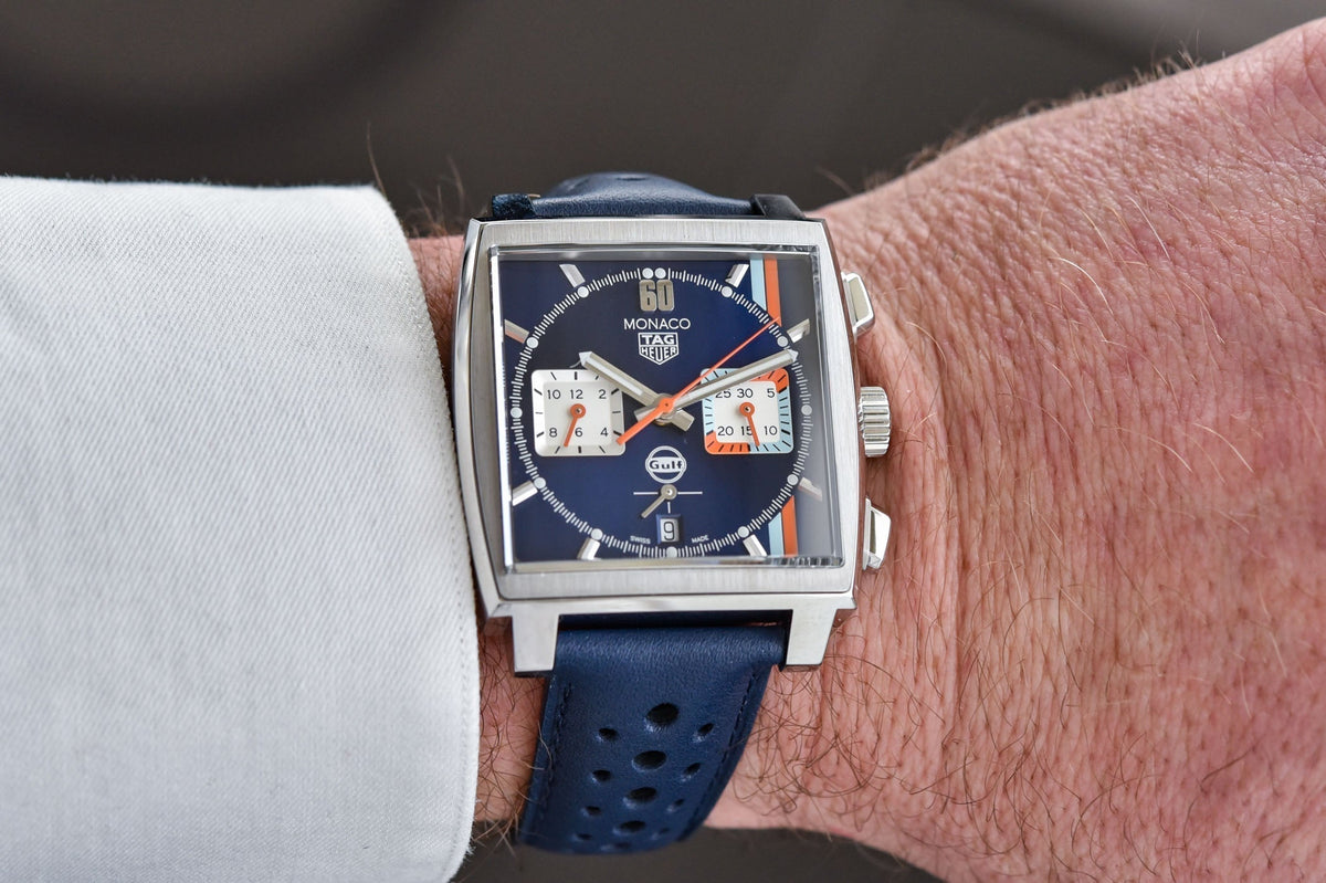  Shop Authentic Tag Heuer Monaco Gulf Automatic Chronograph Blue Dial Blue Leather Strap Watch for Men - CBL2115.FC6494 - Luxxuri