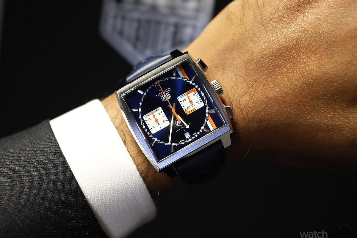  Shop Authentic Tag Heuer Monaco Gulf Automatic Chronograph Blue Dial Blue Leather Strap Watch for Men - CBL2115.FC6494 - Luxxuri