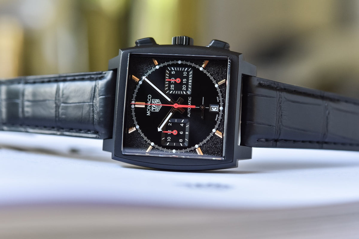  Shop Authentic Tag Heuer Monaco Automatic Chronograph Black Dial Black Leather Strap Watch for Men - CBL2180.FC6497 - Luxxuri