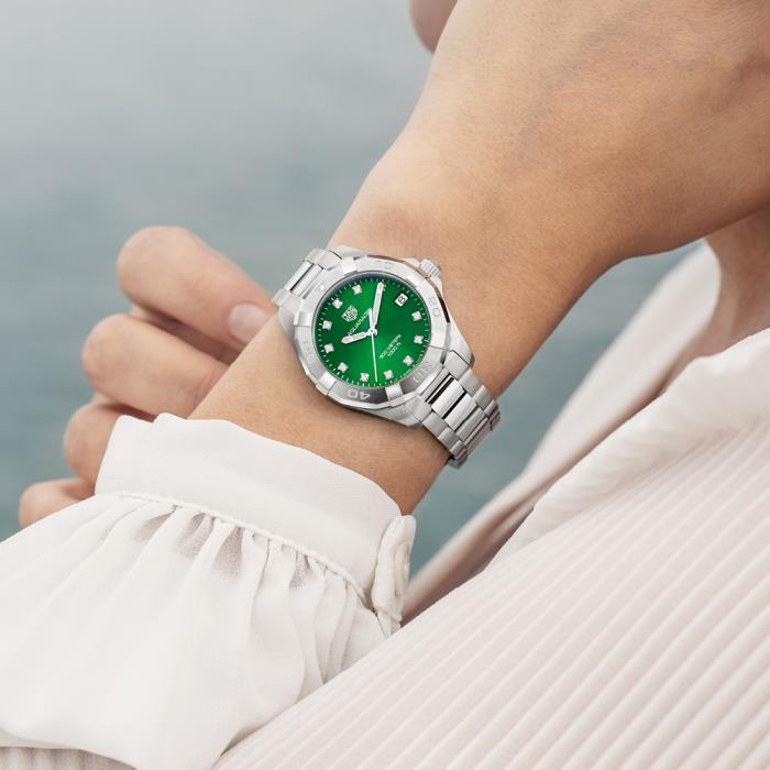  Shop Authentic Tag Heuer Aquaracer Diamonds Emerald Green Dial Silver Steel Strap Watch for Women - WBD1316.BA0740 - Luxxuri