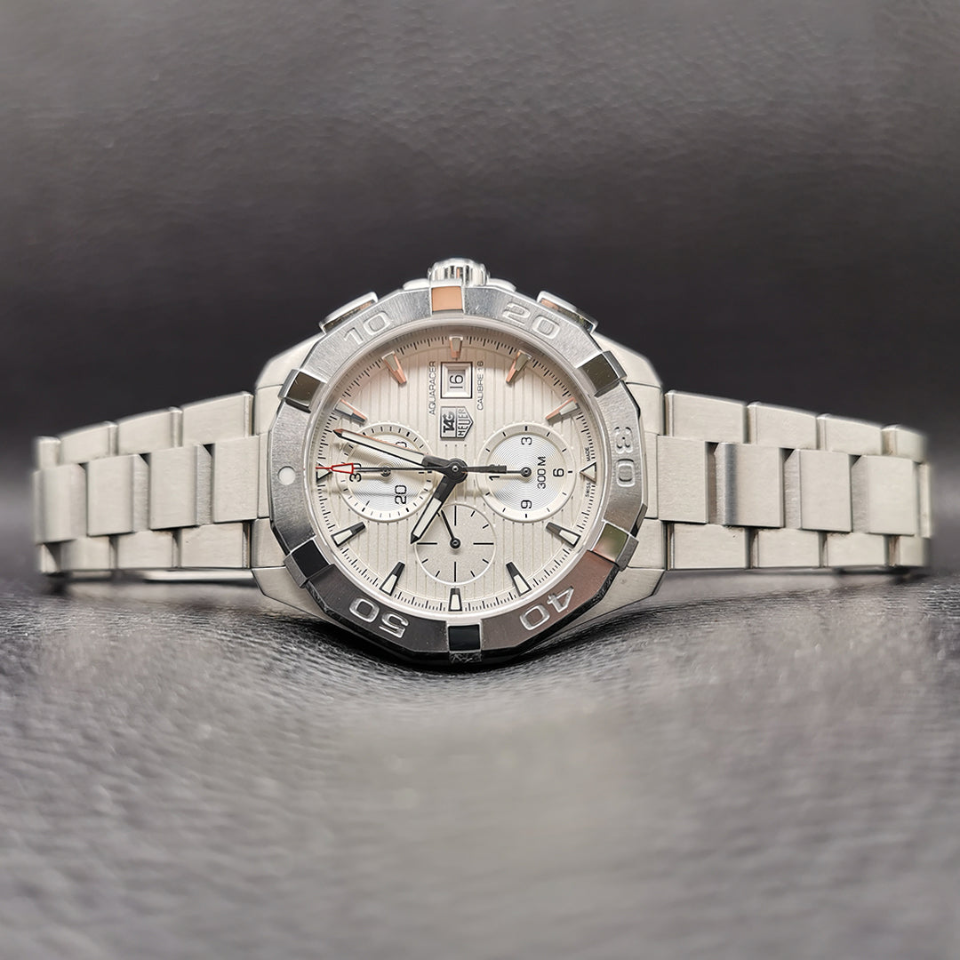  Shop Authentic Tag Heuer Aquaracer Caliber 16 Automatic Chronograph White Dial Silver Steel Strap Watch for Men - CAY2111.BA0927 - Luxxuri