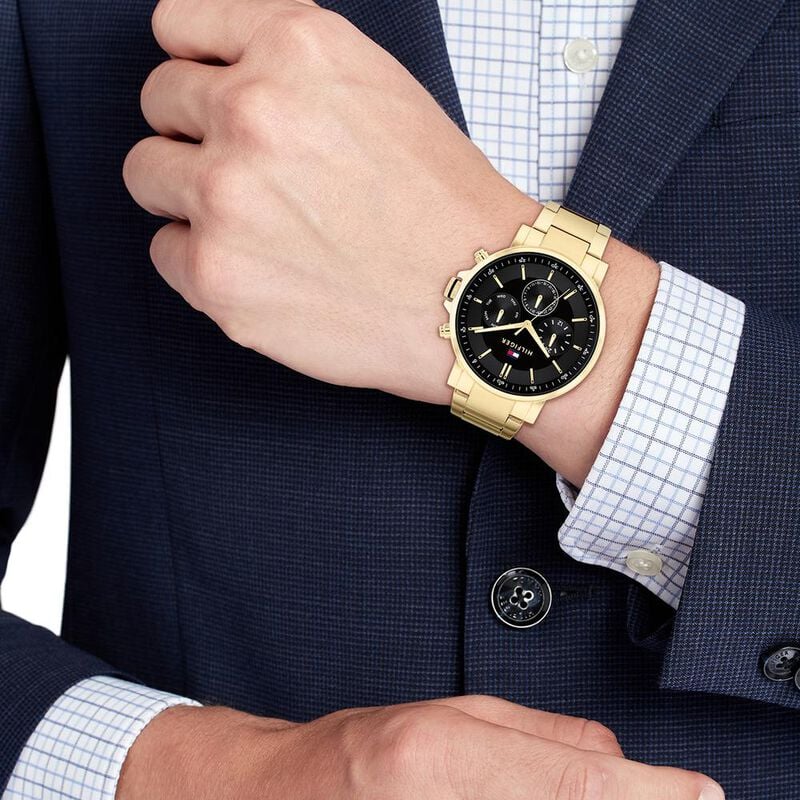  Shop Authentic Tommy Hilfiger Tyson Chronograph Black Dial Gold Steel Strap Watch For Men - 1710589 - Luxxuri