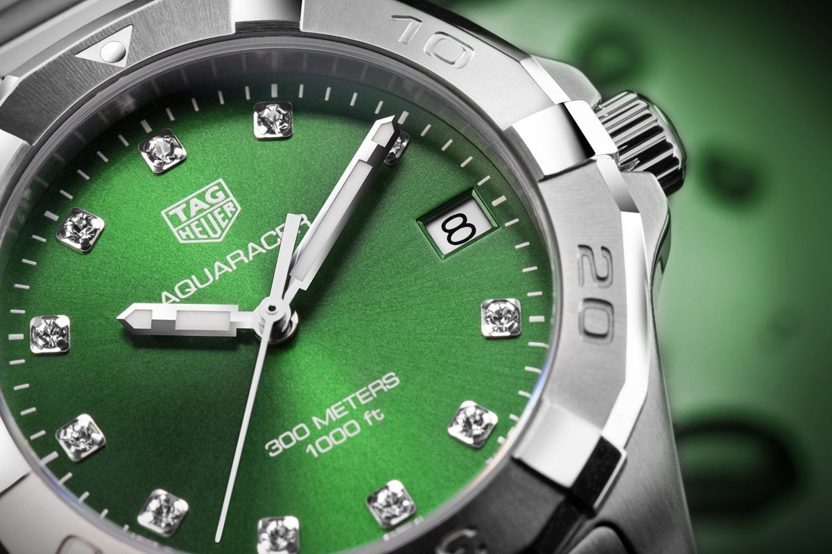  Shop Authentic Tag Heuer Aquaracer Diamonds Emerald Green Dial Silver Steel Strap Watch for Women - WBD1316.BA0740 - Luxxuri